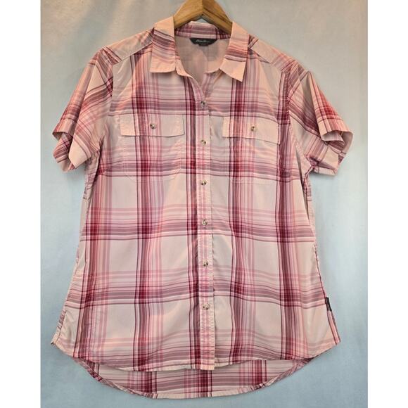 Eddie Bauer Hikiing Outdoors Pink Plaid Button Down Shirt womens Large - Picture 2 of 9